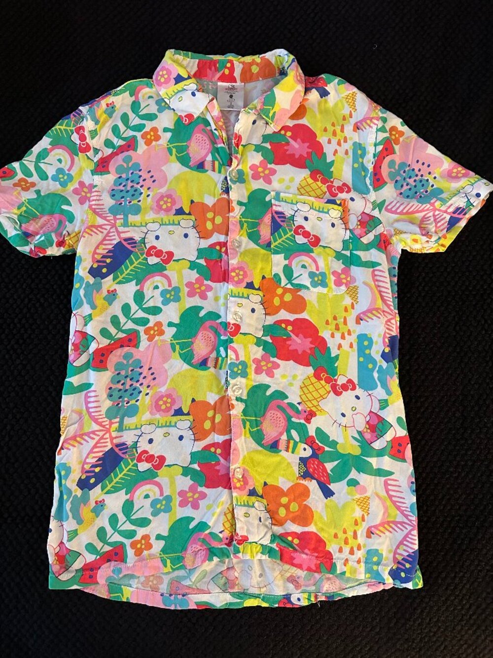 Sanrio Mens Hello Kitty Tree Tropical Button-Down Shirt Pink Orange S
